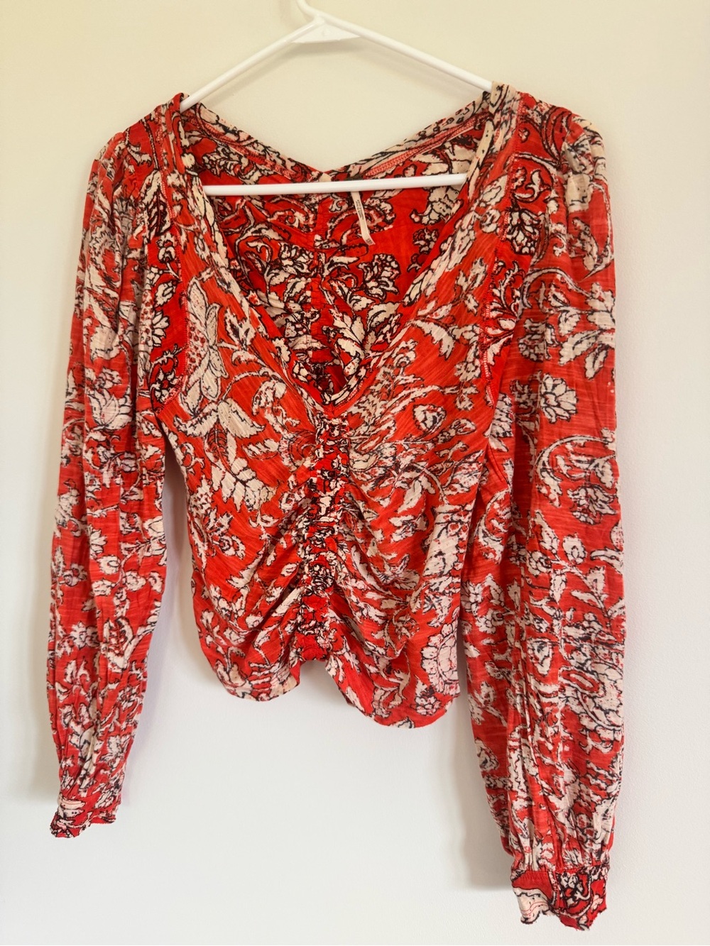 Free People Red Floral Ruched V-Neck Blouse